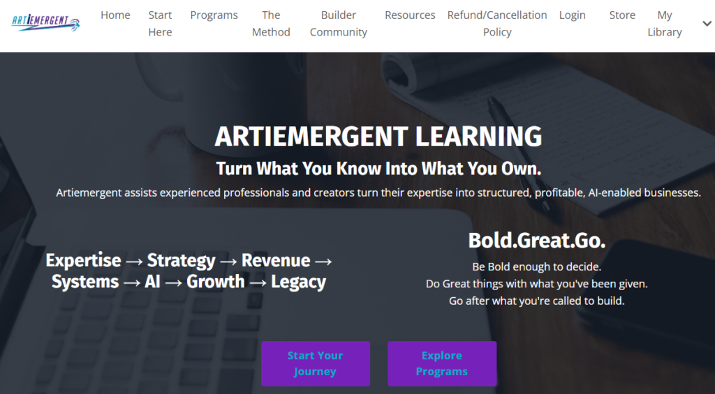 The Artiemergent Learning hub home page